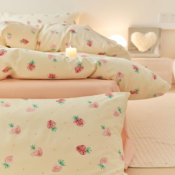 Nayoroom Strawberry Duvet Cover Set King Size Girls Cute Pink Strawberries - Image 5