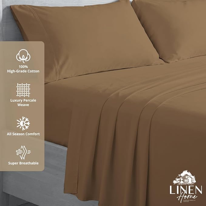Linen Home 100% Cotton Percale Sheets Queen Size, Earthy Brown, Deep Pocket - Image 3