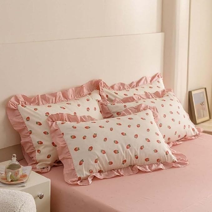 Nayoroom Ruffle Duvet Cover Full Size Pink Strawberry Printed on White Ruffled - Image 7