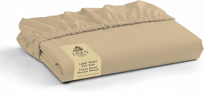 Linen Home 100% Cotton Percale Weave Fitted Sheet, Full Size, Light Taupe by LINENHOME