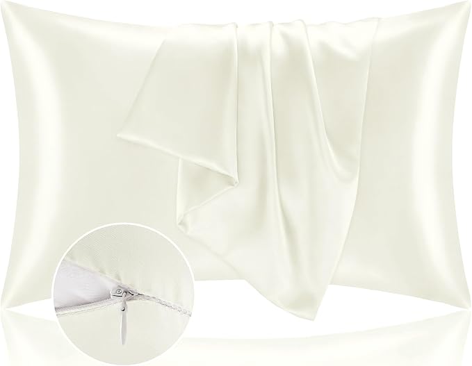 BEDELITE Satin Pillowcase with Zipper, Ivory King Size Pillow Cases Set of 2 by BEDELITE