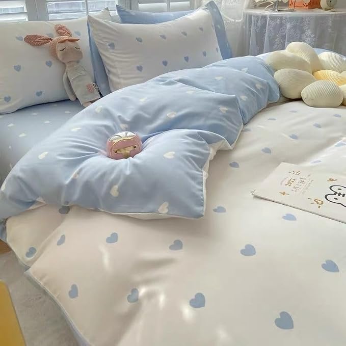 BOLINLIVING Cute Duvet Cover Twin Size, Reversible Light Blue & White Heart by BOLINLIVING