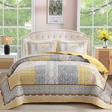 WONGS BEDDING Yellow Quilt Set Full, Bohemian Patchwork Bedspread Coverlet Set by WONGSBEDDING