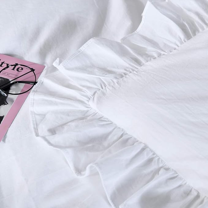 QSH White Ruffle Duvet Cover Queen Washed Cotton Farmhouse Shabby Boho Chic - Image 2