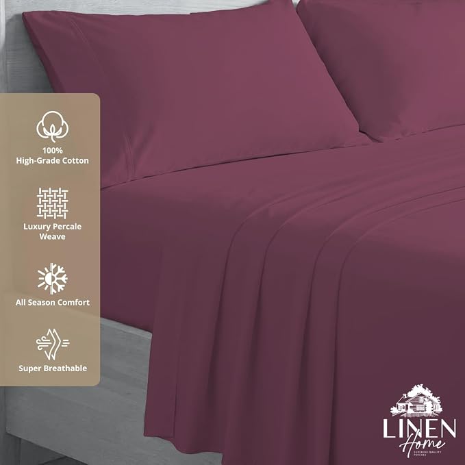 Linen Home 100% Cotton Percale Sheets Twin Size, Damson Berry, Deep Pocket - Image 3