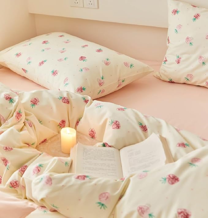 Nayoroom Strawberry Duvet Cover Set Queen Size Girls Cute Pink Strawberries - Image 4