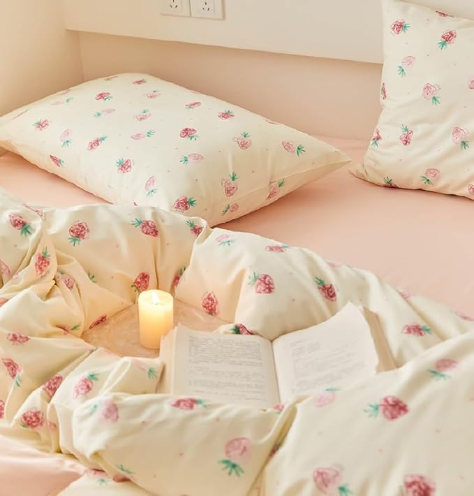 Nayoroom Strawberry Duvet Cover Set Twin Size Girls Cute Pink Strawberries - Image 4