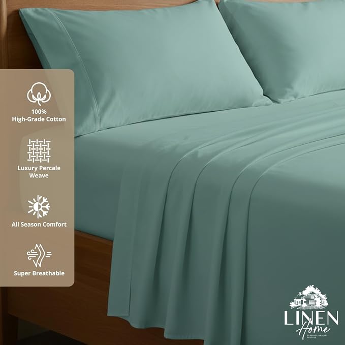 Linen Home 100% Cotton Percale Sheets Full Size, Aqua Blue, Deep Pocket - Image 3