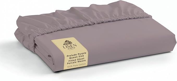 Linen Home 100% Cotton Percale Weave Fitted Sheet, Queen Size, Prelude Purple by LINENHOME