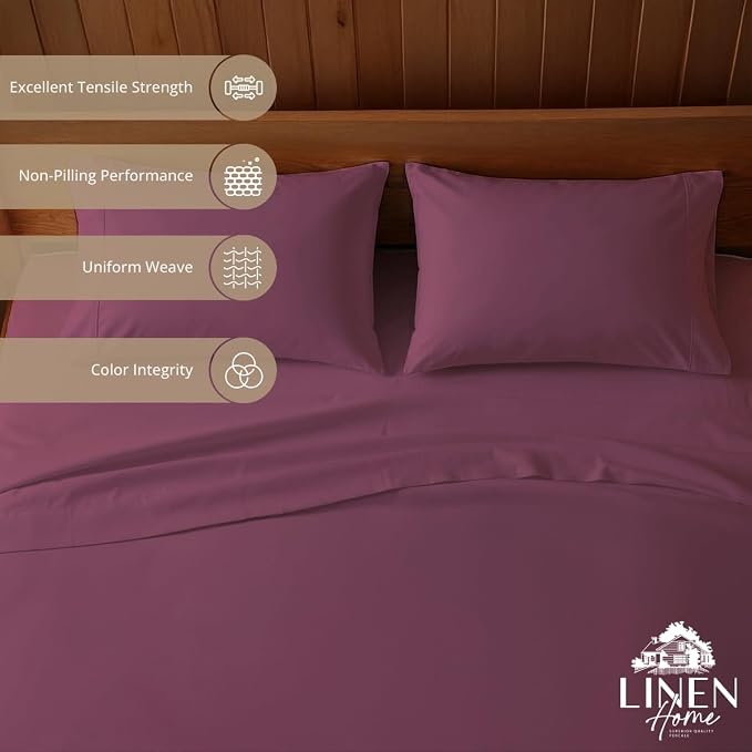 Linen Home 100% Cotton Percale Sheets Twin Size, Damson Berry, Deep Pocket - Image 2