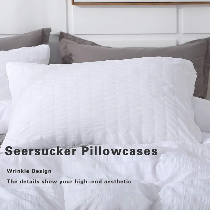 AveLom Seersucker Stripe Duvet Cover Full, 3 Pieces White Zipper Closure Corner - Image 6