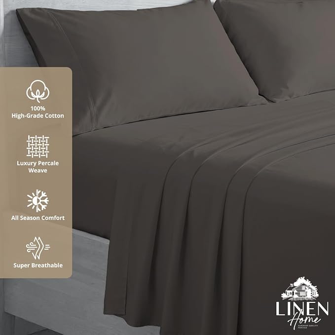 Linen Home 100% Cotton Percale Sheets Full Size, Smoky Charcoal, Deep Pocket - Image 3