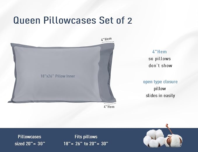 Pillow Cases, Standard Queen Size Cotton Percale Weave Pillowcases, Pre-Shrunk - Image 3