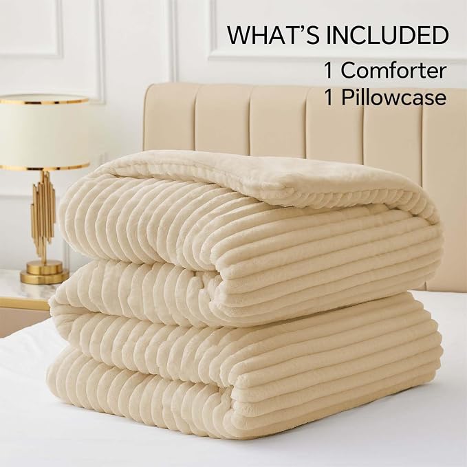 BEDELITE Fleece Twin Comforter Set -Super Soft & Warm Fluffy Beige Bedding - Image 6