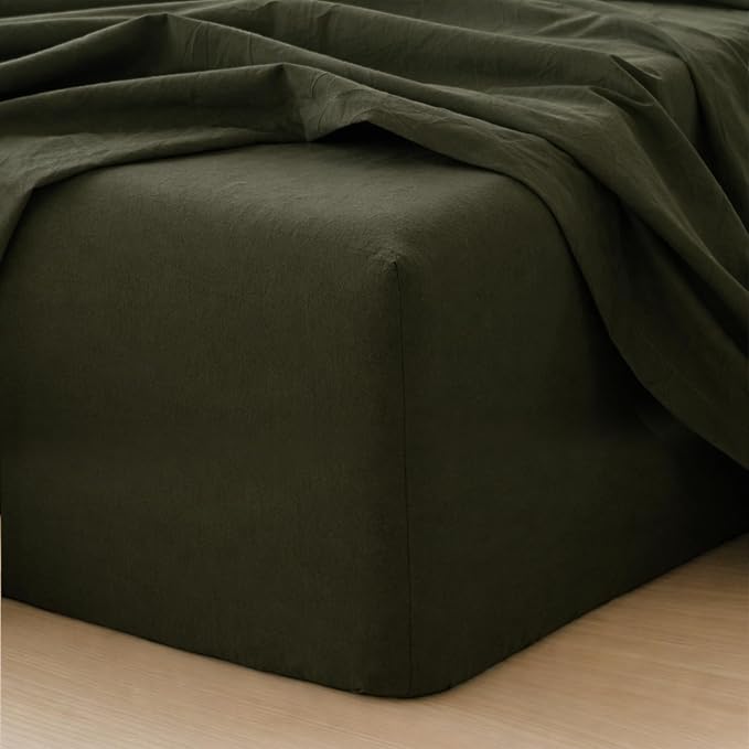 MooMee Fitted Bottom Sheet Only 100% Washed Cotton Linen Like Textured by MOOMEE