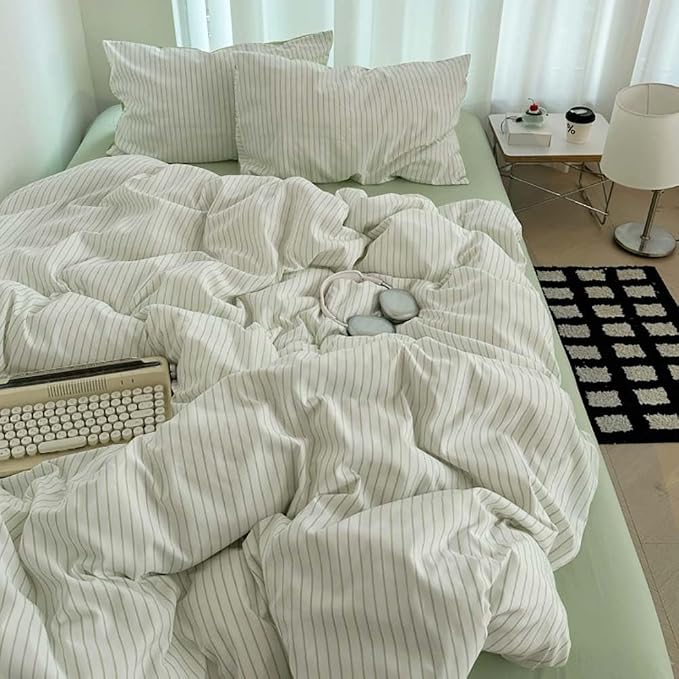 Nayoroom Green Striped Duvet Cover Queen Size 100% Washed Cotton Duvet Cover - Image 7