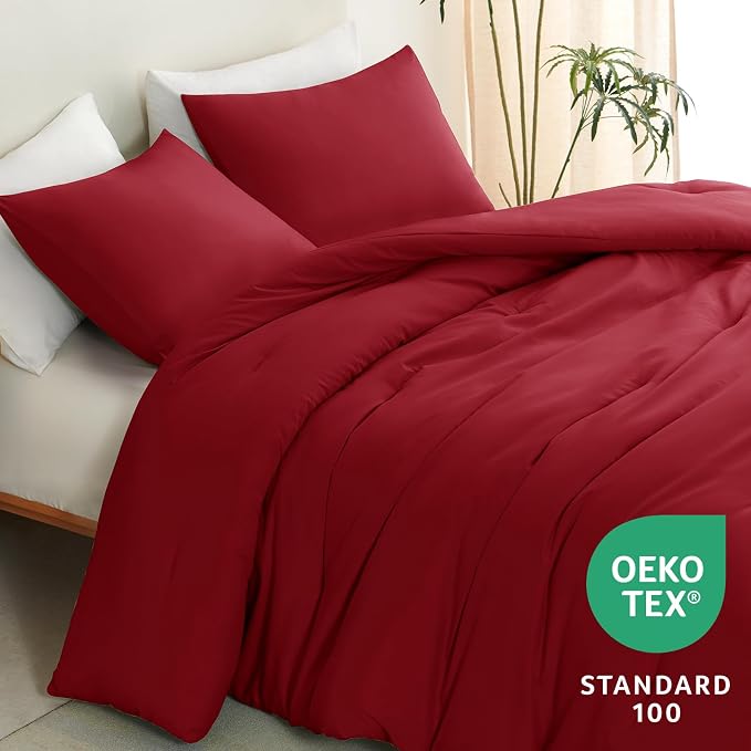 CozyLux Queen Comforter Set Dark Red, 3 Pieces Solid Comforters Queen Size - Image 4