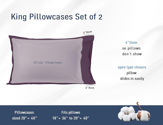 Pillow Cases, King Size Cotton Percale Weave Pillowcases, Pre-Shrunk Breathable - Image 3