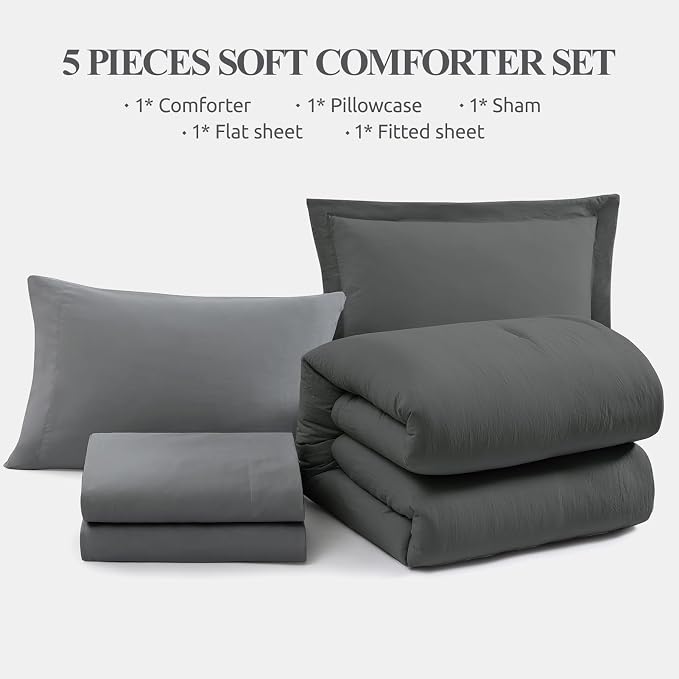 WRENSONGE Twin Comforter Set- 5 Pieces Grey Bed in a Bag, All Season Twin XL - Image 7