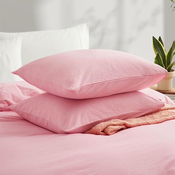 LOVQUE Pink Cotton Duvet Cover Queen Size, Linen Like Natural Bedding Set - Image 3