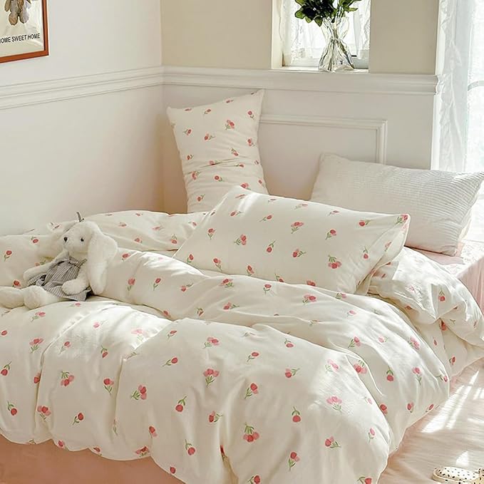 Nayoroom Pink Floral Duvet Cover Full Size Cute Tulip Printed on White - Image 2