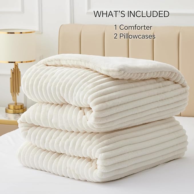 BEDELITE Fleece Oversized Queen Comforter Set -Super Soft & Warm Fluffy Cream - Image 6
