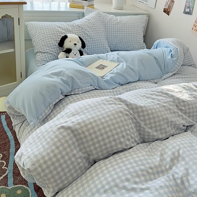 Nayoroom Blue Gingham Duvet Cover Twin Size Reversible Plaid Checkered Duvet - Image 3