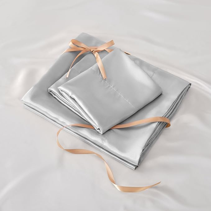 BEDELITE Satin Sheets Twin Size Bed Set, Luxury Soft Grey Silky Sheets - Image 6