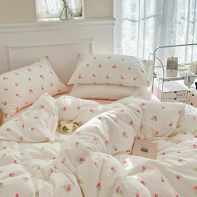 Nayoroom Pink Floral Duvet Cover Twin Size Cute Tulip Printed on White - Image 5