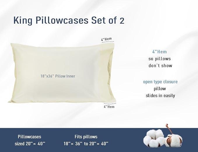 Pillow Cases, King Size Cotton Percale Weave Pillowcases, Pre-Shrunk Breathable - Image 3