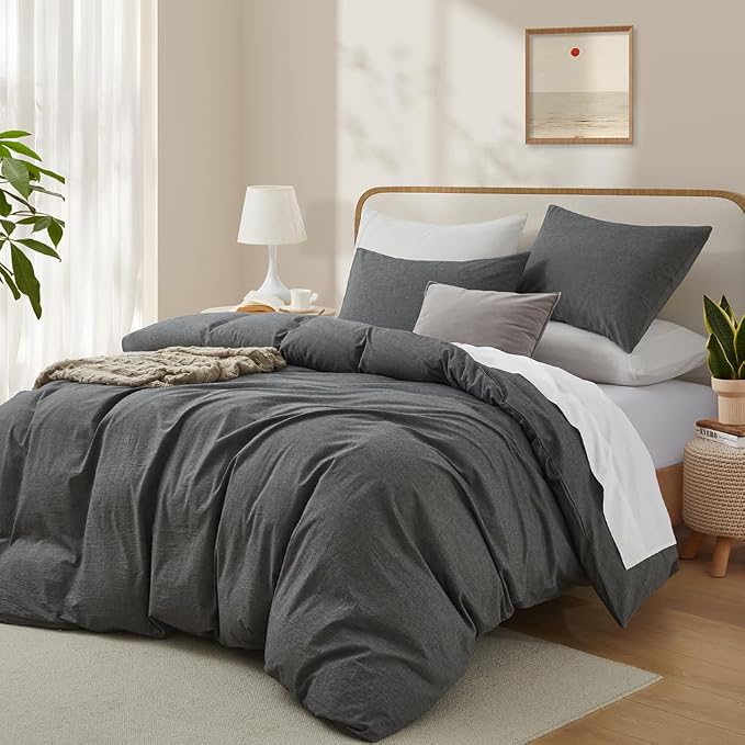 LOVQUE Dark Grey Duvet Cover Full Size, 100% Washed Cotton Linen Like Bedding - Image 2