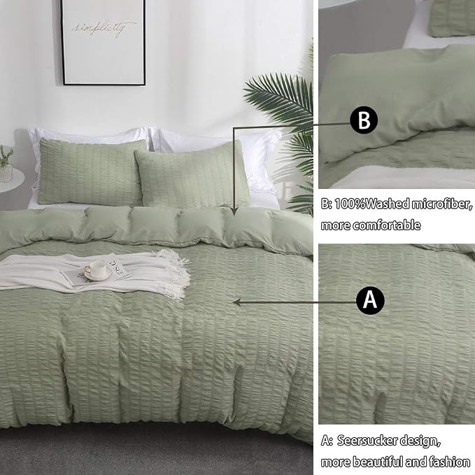 AveLom Green Duvet Cover King, 3 Pieces, Seersucker Tripe Soft Washed - Image 7