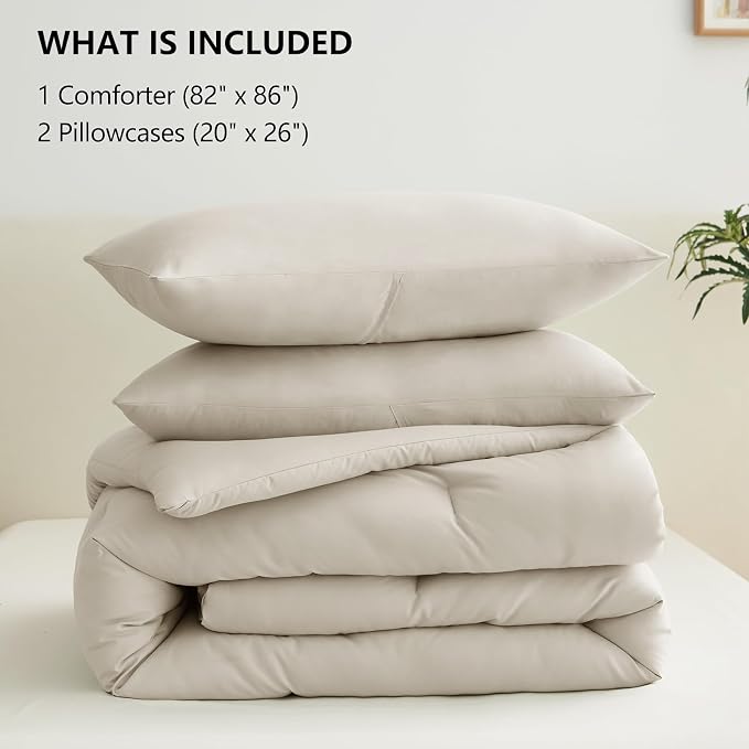 CozyLux Full Size Comforter Set Beige, 3 Pieces Solid Breathable Quilted - Image 7
