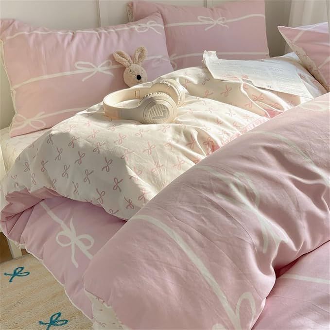 Nayoroom Pink Bow Duvet Cover Queen Size Kids Girls Cute Coquette Bedding Set 3 - Image 2