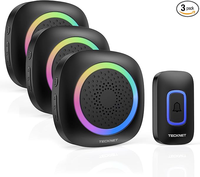 TECKNET Wireless Doorbell with 3 Portable Doorbells with RGB Light, Battery by Tecknet