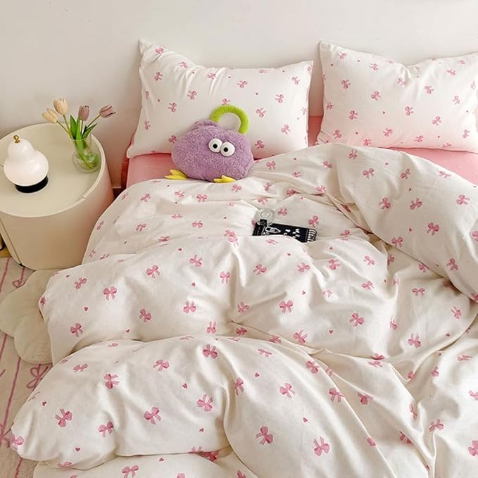 Nayoroom Pink Bow Duvet Cover Full Size Heart Bows Printed Coquette Bedding Set by Nayoroom