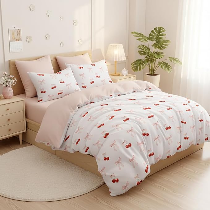 Nayoroom Pink Bow Duvet Cover Full Size Reversible Red Cherry Duvet Cover 3 - Image 2
