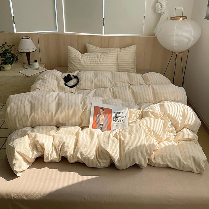 Nayoroom Striped Duvet Cover Queen Size 100% Washed Cotton Beige Duvet Cover - Image 4