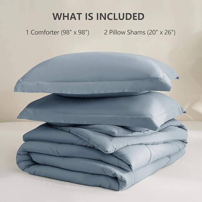 CozyLux Oversized Queen Comforter Set, 3 Pieces Grayish Blue 98x98 Box Stitched - Image 6