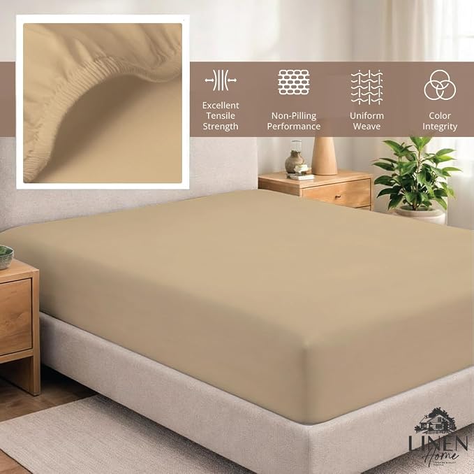 Linen Home 100% Cotton Percale Weave Fitted Sheet, Full Size, Light Taupe - Image 5