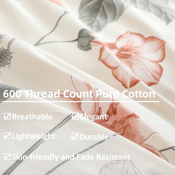 OAITE Duvet Cover Set Twin Size Floral Pattern 600 Thread Count Ultra Soft 100% - Image 4