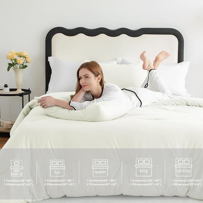 CozyLux Full Size Comforter Set Ivory, 3 Pieces Solid Breathable Quilted - Image 7