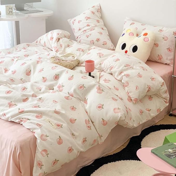 Nayoroom Pink Peach Duvet Cover Queen Size Kawaii Fruit Peaches Rabbit Printed - Image 2