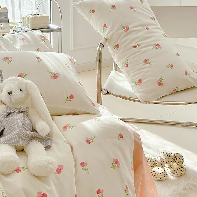 Nayoroom Pink Floral Duvet Cover Twin Size Cute Tulip Printed on White - Image 6