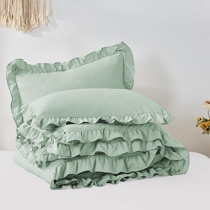 FUANNA Full Size Comforter Sets Sage Green, 3 Pieces Ruffle Full Size Bedding - Image 9
