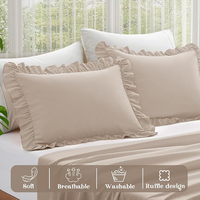 KKJIAF Ruffle Pillow Cases Queen Size Set of 2, Khaki Ruffled Pillow Covers - Image 4