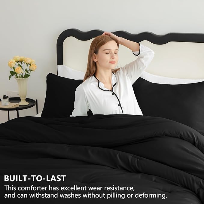 CozyLux Super King Plus Comforter Set Black, 3 Pieces 128x120 Solid Breathable - Image 3