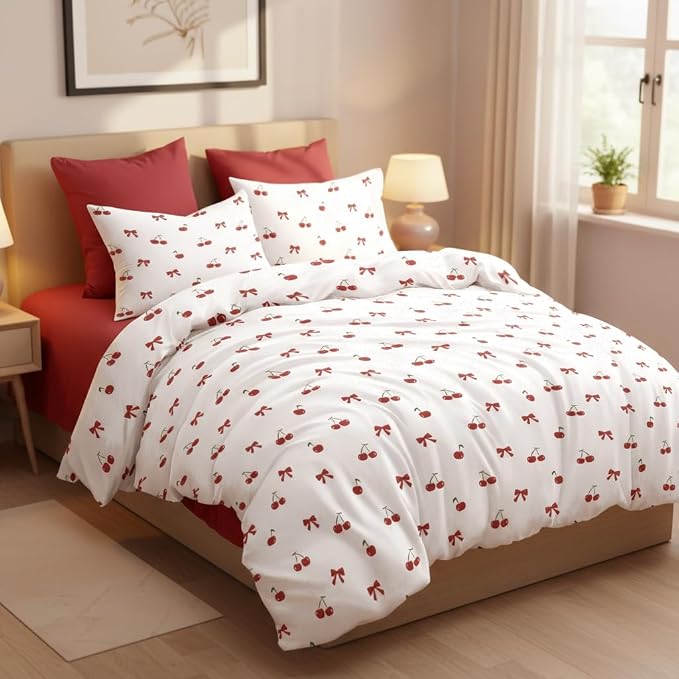 Nayoroom Red Cherry Duvet Cover Queen Size Cute Bow Duvet Cover 3 Pieces Soft - Image 2