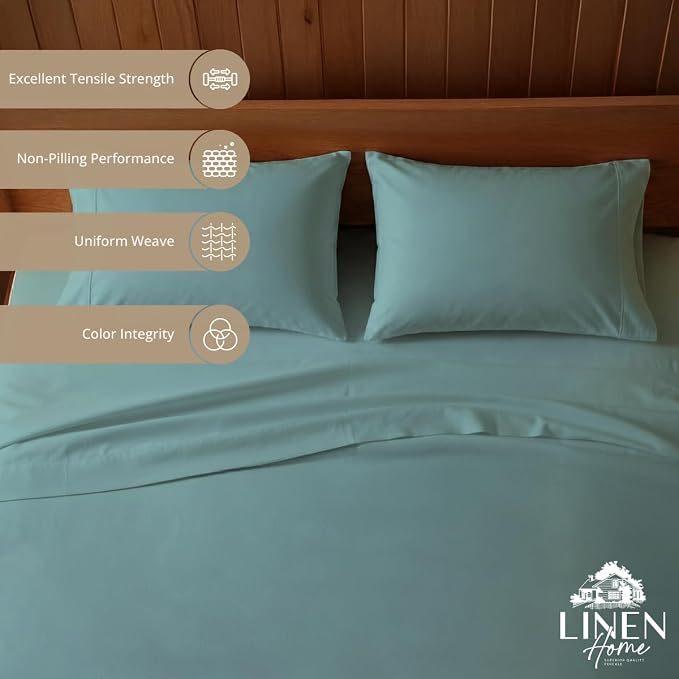 Linen Home 100% Cotton Percale Sheets Full Size, Aqua Blue, Deep Pocket - Image 2