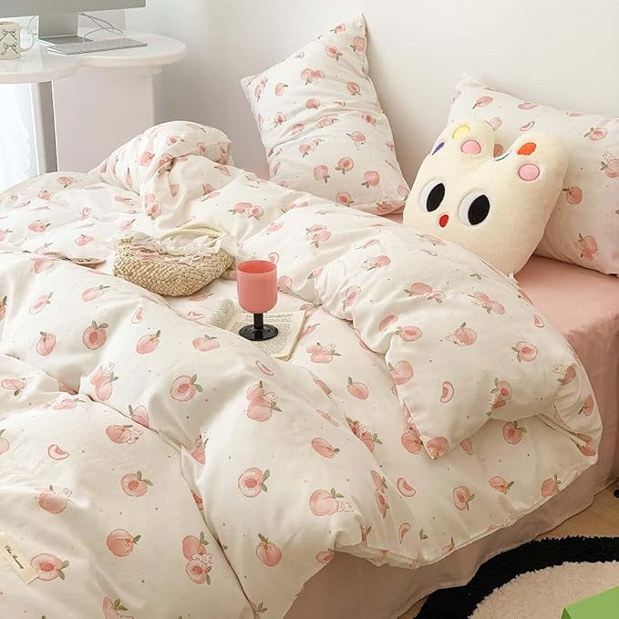 Nayoroom Pink Peach Duvet Cover Full Size Kawaii Fruit Peaches Rabbit Printed by Nayoroom